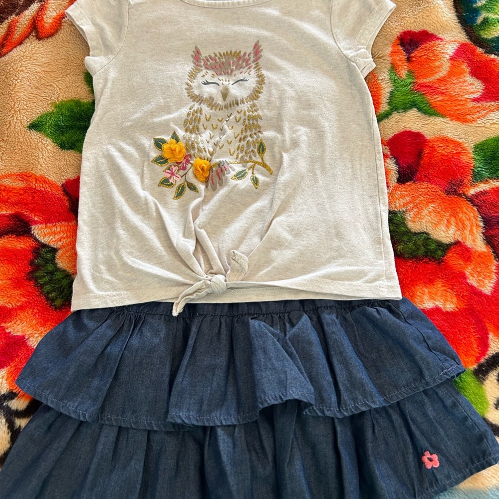 Limited Too Cream Owl Top and Blue Jean Skort Set - Size 6